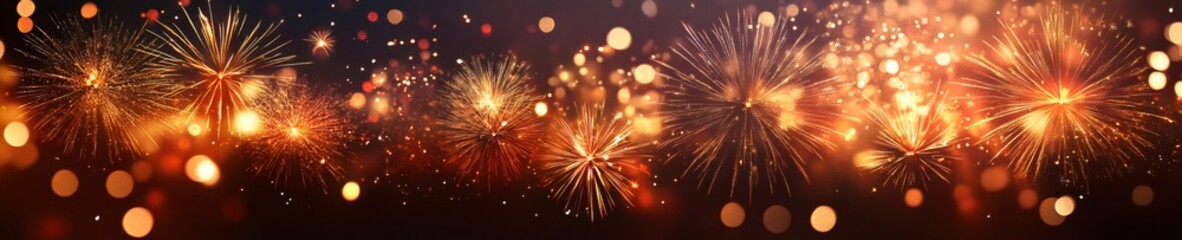 Obraz premium Explosions of golden fireworks illuminating the dark night sky with sparkling lights and warm bokeh creating a festive atmosphere
