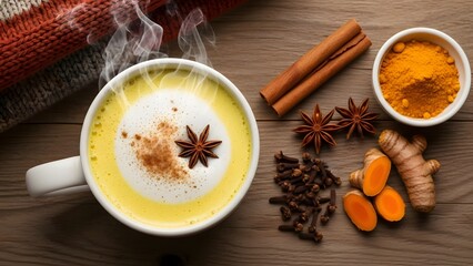 Flat lay of golden milk with spices, warming winter drink