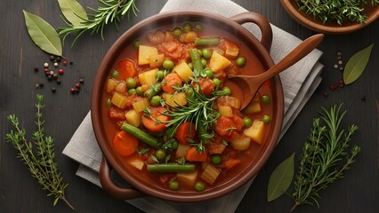 Flat lay of vegetable stew with herbs, winter comfort food