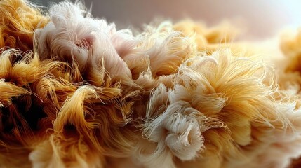 Soft abstract fluffy texture with flowing fibers in golden tones, macro background, cozy aesthetic