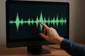 Hand touching digital audio waveform on a desktop monitor, editing and mixing sound in a professional music production interface