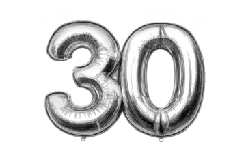 Silver Number 30 Balloons on transparent background for a birthday.