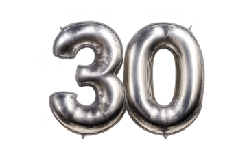 Shiny Silver Number 30 Balloons on a transparent background for parties