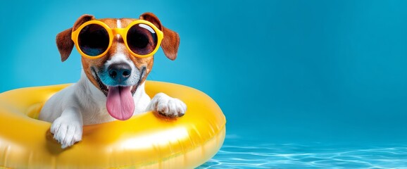 Fototapeta premium Happy Dog Enjoying Summer Vacation With Sunglasses and Inflatable Ring on Blue Background Ready for Fun