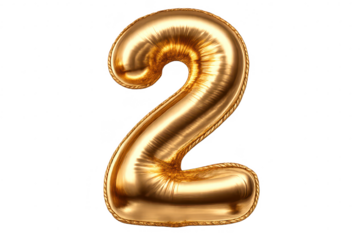 Golden number two balloon on transparent background for celebrations.