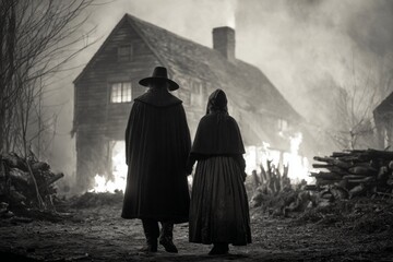 Scenes From the Salem Witch Trials in Colonial Massachusetts Featuring Figures Walking Away From Burning Houses