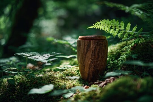 Wooden Urn in a Lush Forest Setting: Tranquil Memorial Scene with Moss, Ferns, and Dappled Sunlight
