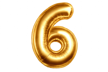 Gold number six balloon on a transparent background for celebrations.
