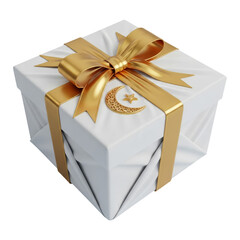 Elegant white gift box with golden crescent and star decoration transparent background