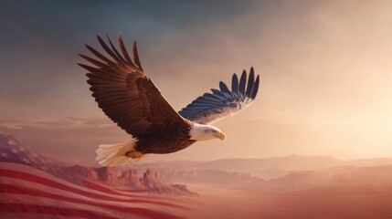 Eagle Soaring Over American Flag Landscape With Golden Sunlight and Vibrant Colors for Celebrating National Holidays and Patriotic Themes