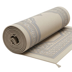 Beige decorative patterned rug rolled up with intricate border design transparent background