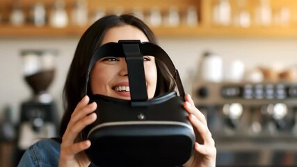 Young woman with vr headset in cafe setting experiencing virtual reality technology, wearing denim shirt and smiling with indoor background. - Powered by Adobe