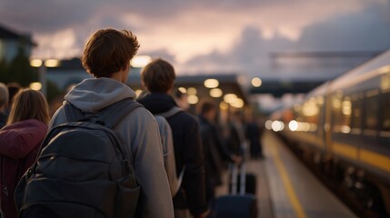 Obraz premium Students traveling home at the end of term, train platforms crowded with luggage and anticipation, reflecting modern seasonal migration in education systems. cinematic color correction, natural