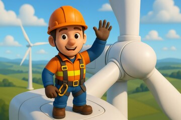 Smiling cartoon worker in safety gear standing on a wind turbine, representing clean energy and sustainable power generation