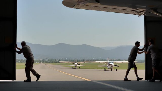Two men pushing open dark hangar doors to reveal a bright sunny airport tarmac with parked aircraft and mountains, ideal for aviation business concepts.