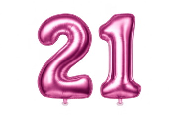 Pink twenty-one balloon on a transparent background for celebrations.