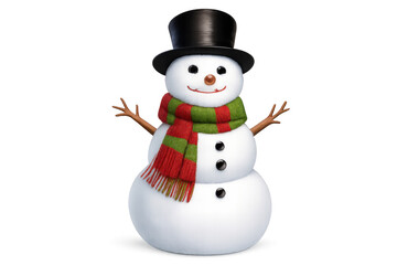Snowman character wearing a top hat and colorful striped scarf for winter and christmas holidays on transparent background