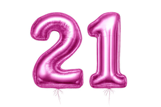 Pink foil number 21 balloon, transparent background birthday concept