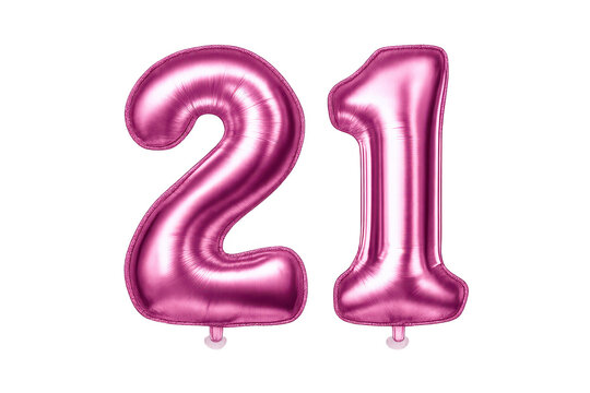 Pink twenty-one balloon on a transparent background for celebrations.