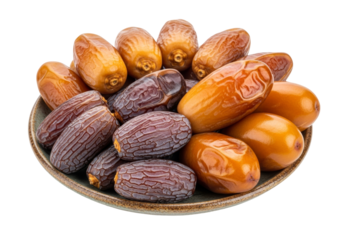 assorted dates in a rustic bowl on white background
