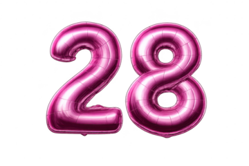 Number 28 pink foil balloon on transparent background for designers.