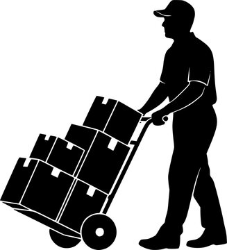 Delivery man silhouette vector. Silhouette of a delivery man pushing a cart with box. Mover pushing moving hand truck or dolly with boxes flat vector icon. vector silhouette on white background.