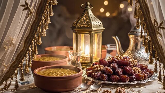This beautifully decorated table, set with steaming lentil soup, dates, and a glowing brass lantern, symbolizes the joyous conclusion of the fast during ramadan iftar and the festive celebration.