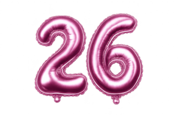 Pink Foil Balloons Number 26 on transparent background celebration.