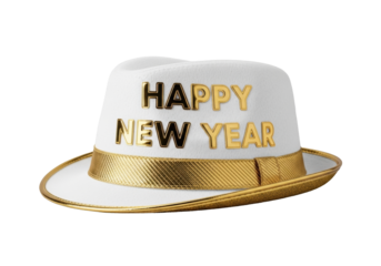 crisp, elegant white fedora hat with metallic gold 'happy new year' text and ribbed band, isolated on a transparent background, studio product shot. concept of new year's eve celebration