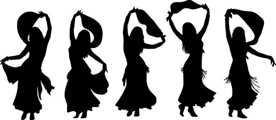 Black belly dancer silhouettes in various poses white background
