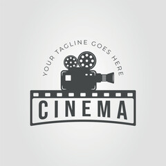 Vintage camera above cinema logo for retro photography blog, film production website, movie review platform, vintage photography concept design.