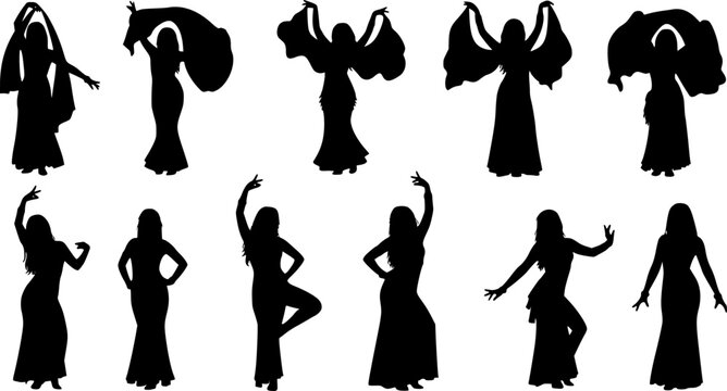 Black belly dancer silhouettes in various poses white background

