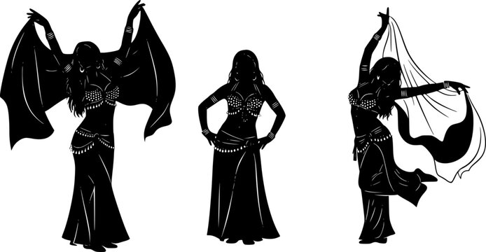 Black belly dancer silhouettes in various poses white background
