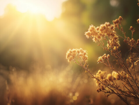 Sunlit wildflowers in warm golden light