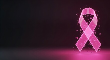 Glowing 3D pink ribbon on dark background for medical cancer research concept