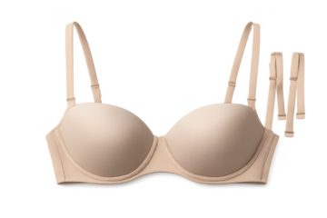 Beige strapless bra with additional straps on a transparent background