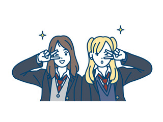 ピーズサインをする女子高生ギャルのイラスト