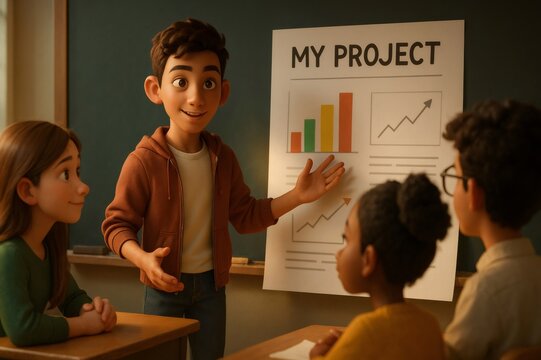 Animated boy confidently presenting his school project with charts and graphs to attentive classmates in a classroom setting
