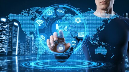 A man interacts with a digital world map, set against a cityscape backdrop, highlighting global connectivity and futuristic technology in blue tones. - Powered by Adobe