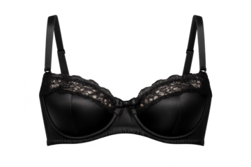 Elegant Black Bra with Lace Detail on transparent background isolated.