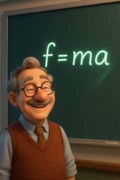 Senior male teacher cartoon character happily standing in front of a glowing Fma equation on a dark green chalkboard