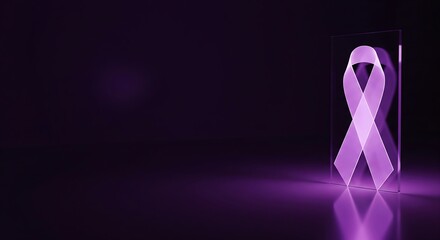 Glowing 3D lavender awareness ribbon on dark reflective background with copy space
