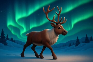 Cartoon reindeer moving through a snowy landscape with green northern lights illuminating the arctic wonderland