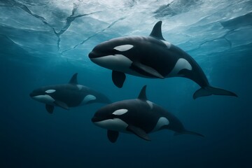 Pod of orcas navigating cold blue ocean water beneath a cracked ice sheet, showcasing arctic marine life