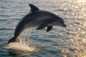Obraz premium Dolphin jumping gracefully out of sparkling ocean water, creating splashes. Golden hour sun reflecting on the ripples