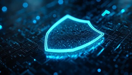 a security shield icon on a blue background with glowing light effects for a digital protection and cyber technology concept Generative AI - Powered by Adobe