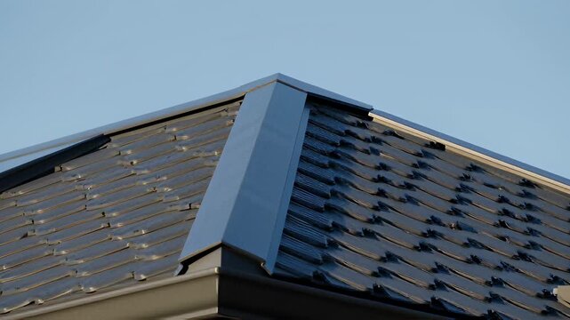 Modern dark grey metal roof tiles featuring a sharp corner ridge and gutter system against a clear blue sky, ideal for residential construction backgrounds.