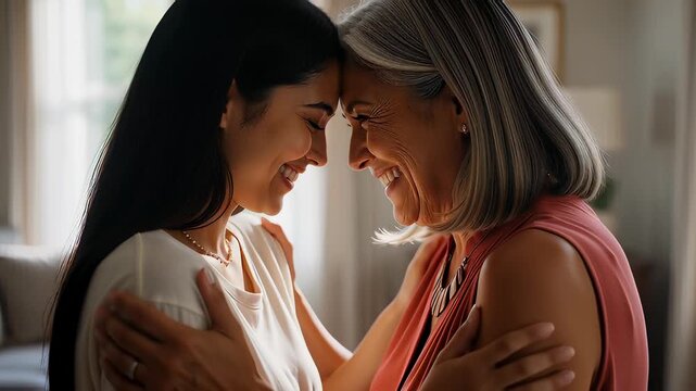 Affectionate mother and adult daughter touching foreheads in a warm embrace, showcasing family bonding, happiness, and intergenerational love with soft lighting.