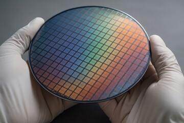 Gloved hands holding a shiny silicon wafer with colorful integrated circuits, representing hi tech manufacturing and development