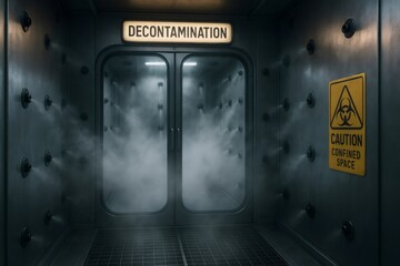 Decontamination chamber with signage and misters for sanitizing and cleaning hazardous materials or preventing pathogen spread